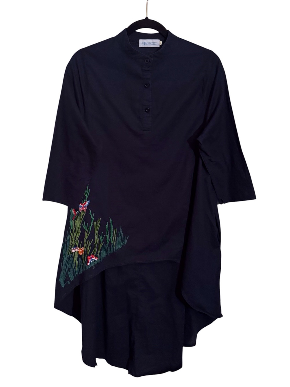 Amato Rizzi X-Large Embroidered Floral Tunic Cotton Hemp High Low Hem Artsy